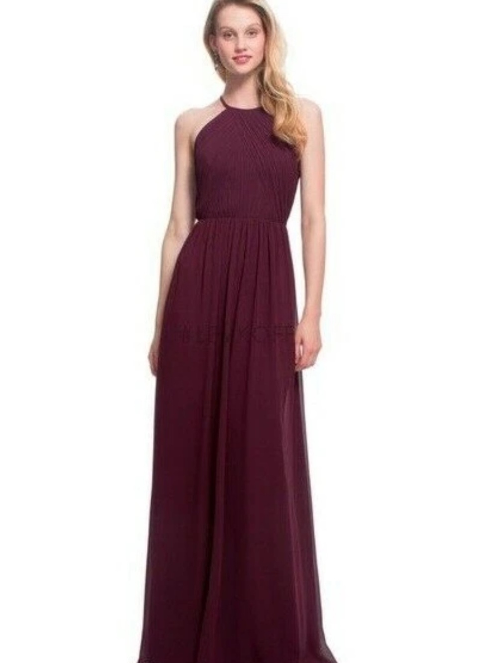 Bill Levkoff Wine Pleated Halter Dress Sz 8 Crisscross bodice chiffon gown